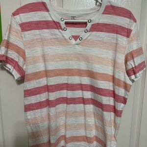 INC International Concepts Women's V-Neck Striped Tee - Red, Pink, and White
